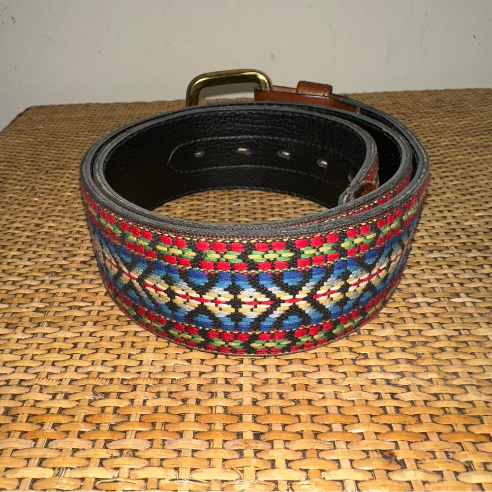 Vintage Tex Tan Tessellation Embroidered 3052 M Southwestern Belt Brass Buckle